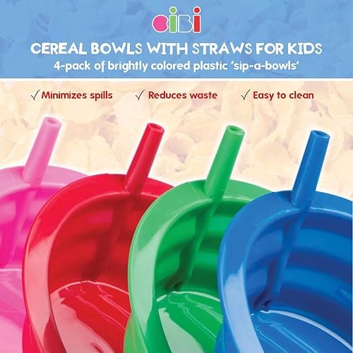 Cibi Cereal Bowls with Straws for Kids BPA-Free Plastic | Toddler Sip-A-Bowls with Built-In Straw for Cereal and Soup | Set of 4 Colorful Breakfast Bowls thumbnail 3