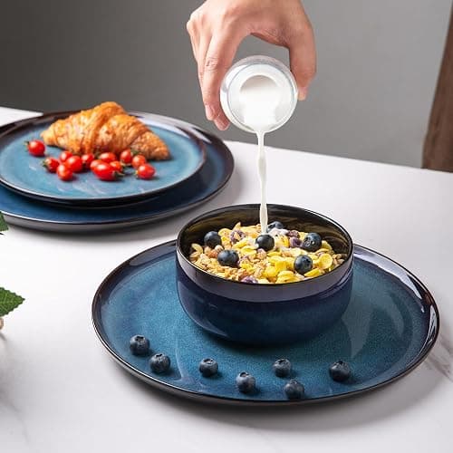 LeRatio Ceramic Dinnerware Sets for 6,Porcelain Plates and Bowls Sets,Handmade Reactive Glaze Dishes Set,Chip Resistant and Scratch Resistant | Oven&Dishwasher & Microwave Safe-Blue(18PCS) thumbnail 4