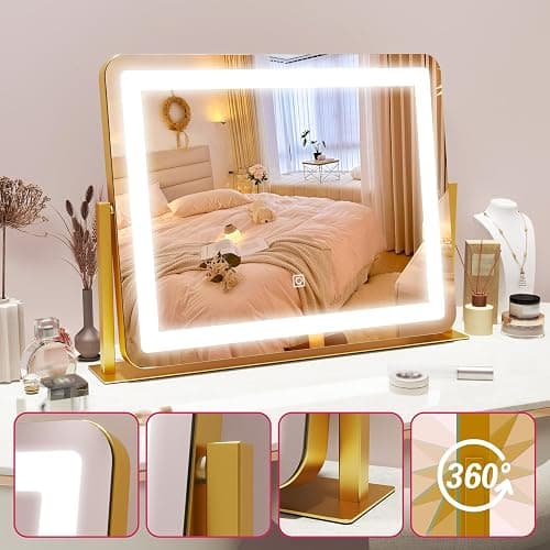 HNV Gold Vanity Makeup Mirror with Lights, 22"x17" Large Lighted Vanity Mirror, Dimmable LED with 3 Color Touch Lighting, Tabletop Mirror for Desk or Bedroom, 360° Rotation thumbnail 6