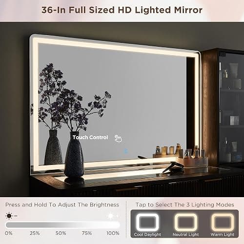 T4TREAM Fluted Makeup Vanity Desk with 36" HD Lighted Mirror, 48" Big Modern Vanity Desk with Mirror and Lights, Dressing Table with 5 Drawers & Shelves, Glass Top for Bedroom, Dark Walnut thumbnail 5