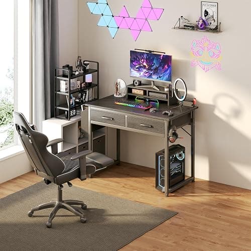 DLisiting Small Desk with Fabric Drawers for Bedroom, 32 Inch Gaming Desk with 2 Drawers for Small Space, Study Writing Table PC Desks, Black - Black - 31.5" thumbnail 4