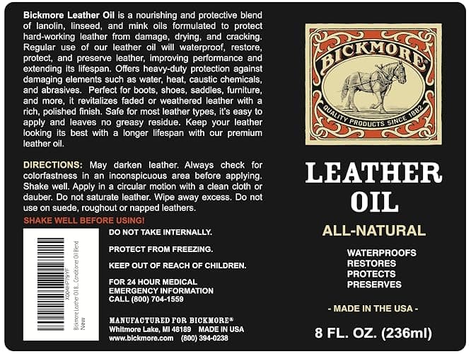 Bickmore Leather Oil Leather Conditioner 8oz | Waterproofs, Protects, and Restores Boots, Jackets, Auto, Furniture, and All Leather Goods | Made in The USA thumbnail 4