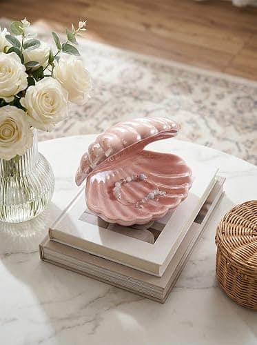 Denique Shell Jewelry Dish Tray, Ceramic Trinket Tray Clamshell Jewelry Storage Dish, Ring Holder Dish Key Bowl, Decorative Jewelry Plate, Cute Jewelry Organizer for Room Decor (Pink) thumbnail 5