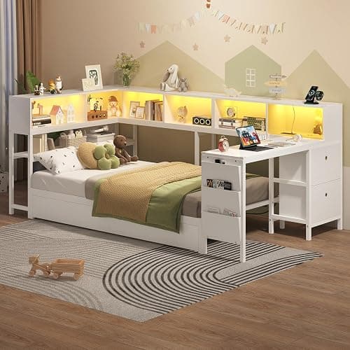 Hasuit Twin Corner Bed with Desk and Storage Bookcase, Daybed with 2 Drawers & 2 Storage Bins, Twin Size Platform Bed Frame with Charging Station and LED Light, Modern Teenagers Bedframe, White thumbnail 9