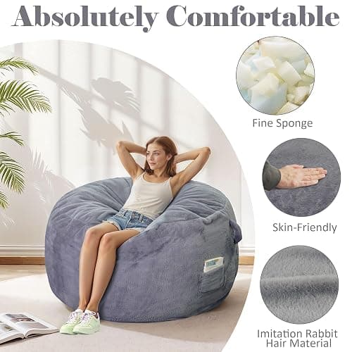 LFCREATOR Giant Bean Bag Chair for Adults, Faux Fur Bean Bag Chair Bed with Mattress Bed Use, Convertible Bean Bag Sofa Bed with Filler Included for Living Room,Bedroom, Dark Gray.Large-Sized thumbnail 4