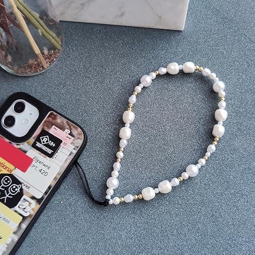 WCCH Beaded Phone Charm Y2K Kawaii Handmade Acrylic Phone Lanyard Wrist Strap for Camera Bag Airpods Keychain Charm Gold and White Pearls thumbnail 4