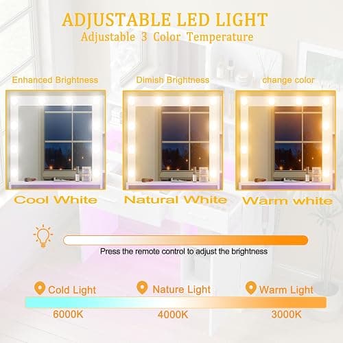 HuaYing White Vanity Desk with Mirror and Lights, Vanitys with Glass Top & Power Outlet, Dressing Table with 36 Lighting Modes Brightness Adjustable RGB Drawers, for Women Girls Bedroom (White) thumbnail 6