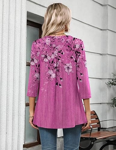 Zeagoo Womens 3/4 Length Sleeve Tops V Neck Tunic Casual Dressy Blouse Floral Printed Shirts thumbnail 5