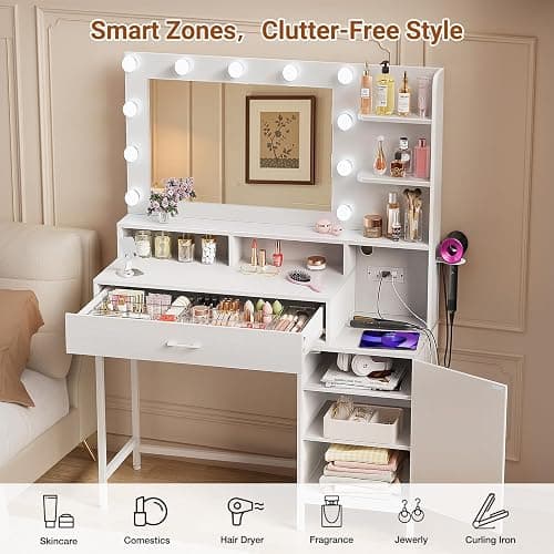 Driftalia Vanity Desk with Mirror and Lights, Makeup Vanity with Storage Drawer, Power Outlet and Large Cabinet for Bedroom - White thumbnail 3