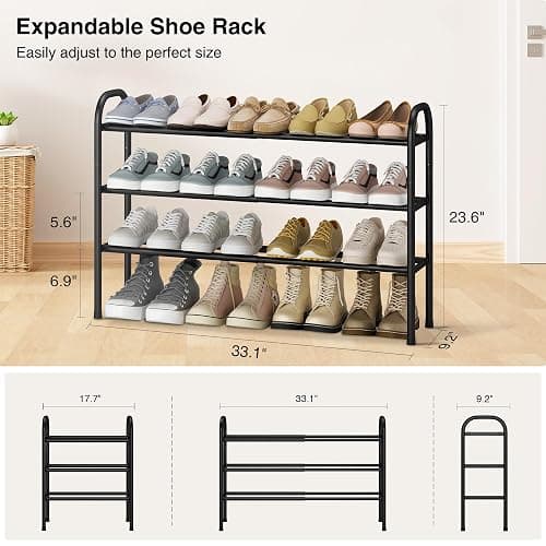 STO STO Expandable Shoe Rack, 3-Tier Metal Small Shoe Rack for Closet, Up to 16 Pairs Adjustable Shoes Racks Storage for Front Door Entrance, Free Standing Shoes Rack Organizer for Entryway, Black thumbnail 3