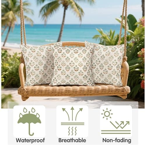 UXORSN 2 Packs Throw Pillow Covers Outdoor Waterproof 18x18 Spring Brown Green Block Print Pillowcase Vintage Floral Cushion Covers Linen Boho Farmhouse Pillow Cases for Garden Bedroom Living Room thumbnail 5