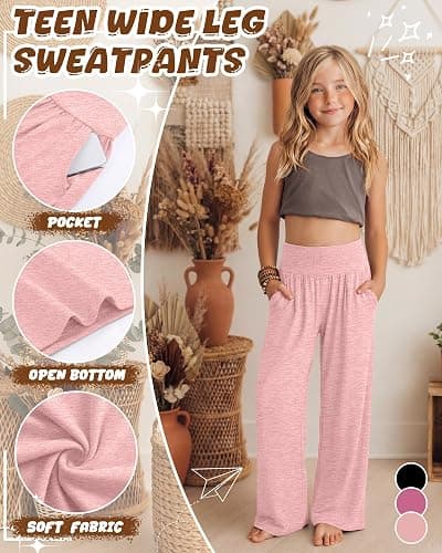 YooAurvox 3 Pack Girls' Sweatpants 5-14 Years Wide Leg Baggy Drawstring Pants Teen High Waist Joggers with Pockets School thumbnail 5