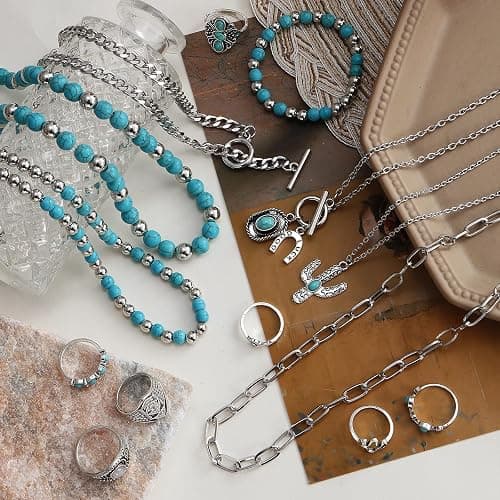IFKM Bohemian Jewelry Set With Turquoise Necklace, Dangle Earrings, Stackable Bangle Bracelets, Knuckle Rings For Women Vintage Western Boho Turquoise Anniversary Birthday Friendship Gift thumbnail 7