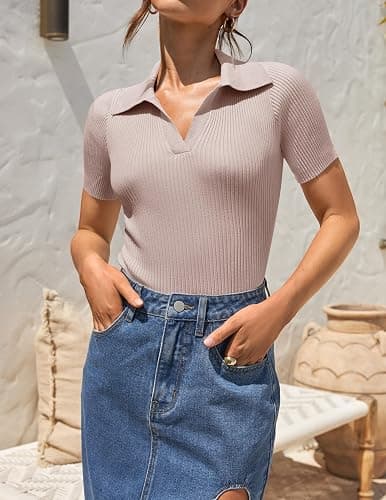 ZESICA Women's Short Sleeve V Neck T Shirts 2025 Summer Ribbed Knit Slim Fitted Basic Solid Color Tee Tops thumbnail 2