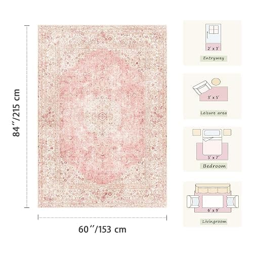 Latte&Fog Washable Pink Rug, Vintage 5x7 Area Rugs for Girls Bedroom,Living Room,Cute Nursery Dorm, Floral Non Slip Low Pile Soft Carpets for Classroom Kids Playroom Kitchen Dining Room Office thumbnail 2