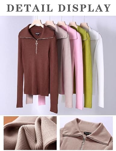 Prettywear Women's Quarter Zip Pullover Sweaters 2024 Long Sleeve Collared Slim Fit Ribbed Knit Business Casual Fall Top thumbnail 2