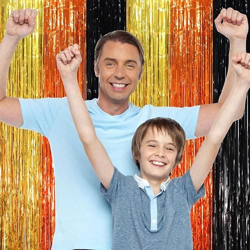 Voircoloria Black Gold Orange Fringe Backdrop Curtains,3.3x6.6ft, 2 Pack | Tinsel Streamers, Door Shimmer, For Baby Shower, Birthday Party Decorations, Graduations thumbnail 6