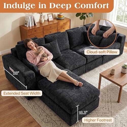 Vellorise 136" Cloud Modular Sectional Sofa with Detachable Comfort Seat Cushion, U-Shaped Convertible Boneless Couches for Living Room, Rearrange Freely, No Assembly, Misty Black, 6-Seater Ensemble thumbnail 6