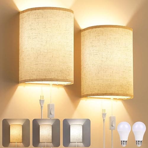Plug in Wall Sconces Set of Two: Wall Lights with On/Off Switch - Stepless Color Temperature Wall Mount Lamps - Fabric Linen Wall Sconce for Bedroom Living Room & Hallway- Indoor Corded Wall Sconces - Image 1