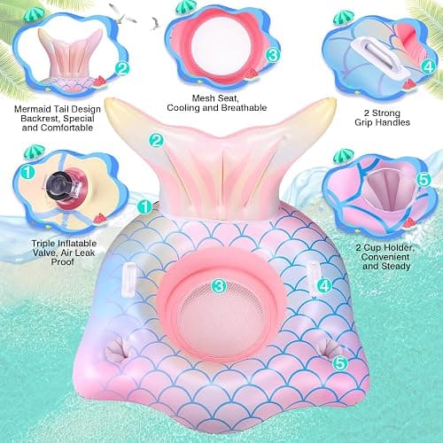 Inflatable Pool Float Mermaid Tail Pool Floating Chair 45“ with Cup Holders, Backrest, Mesh Bottom and Handles Summer Water Fun Beach Party Swimming Pool Toys for Kids Children Adults Water Activities thumbnail 4
