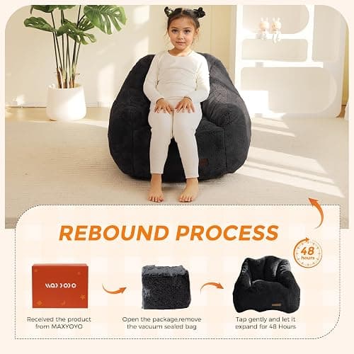 MAXYOYO Kids Bean Bag Chair, Comfy Bean Bag Sofa with Back Support, Faux Fur Cute Chair for Boys and Girls, Stuffed Floor Sofa for Nursery, Bedroom, Black thumbnail 6