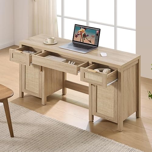 SICOTAS Rattan Vanity Home Office Desk - 52" Large Farmhouse Boho Makeup Vanity Dressing Table with 3 Drawers & 2 Storage Cabinets, Vanities Desk for Makeup Room, Bedroom, Home Office, Light Oak - Reclaimed Light Oak - 1 Piece thumbnail 3
