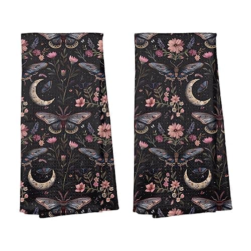 Gothic Moth Butterfly Kitchen Bathroom Towels Set of 2, Dark Academia Witchy Moon Celestial Towel, Gothic Witchy Home Room Decor Aesthetic, Dark Cottagecore Decor，16x24 - Image 1