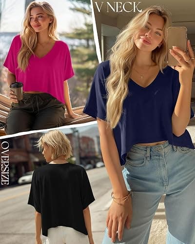 Huukeay 3 Pack Oversized T Shirts for Women Short Sleeve Crop Tops V Neck Irregular Hem Baggy Cropped Tees thumbnail 2