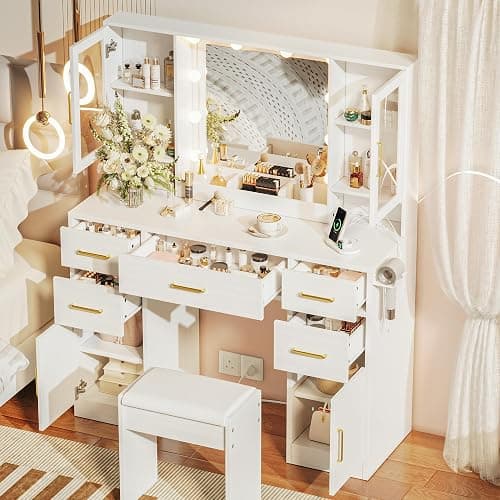 UGTOO Makeup Vanity Desk with Mirror and 10 Lights, 44.9" Makeup Table with Power Outlet, Large Vanity Desk with Storage Shelf & 5 Drawers, Dressing Table Set, 3 Lighting Modes Brightness Adjustable thumbnail 3