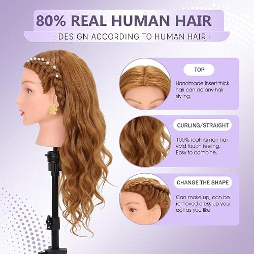 Mannequin Head Human Hair 80% Real Hair Cosmetology Mannequin Head for Braiding Styling Cutting 26-28” Doll Head with Clamp Tools (Blonde) thumbnail 2