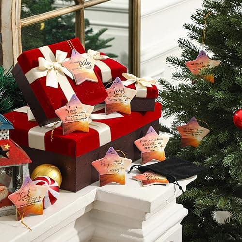 Syhood 9 Sets Christmas Christian Ceramic Ornaments Star Religious Bible Verse Ornaments with Gift Bags Inspirational Quotes for Women Church Christmas Tree thumbnail 2