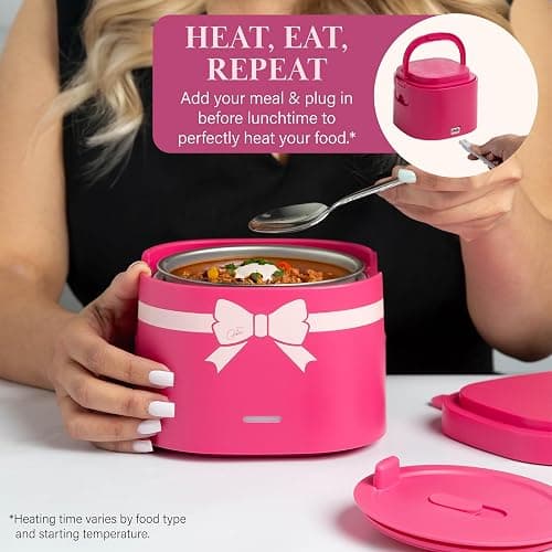 Paris Hilton Electric Lunch Warmer, 20-Ounce Stainless Steel Portable Food Container With Sealing Lid, Removable 2.5-Cup Inner Dish, Bow Front Decal, Hot Pink thumbnail 4