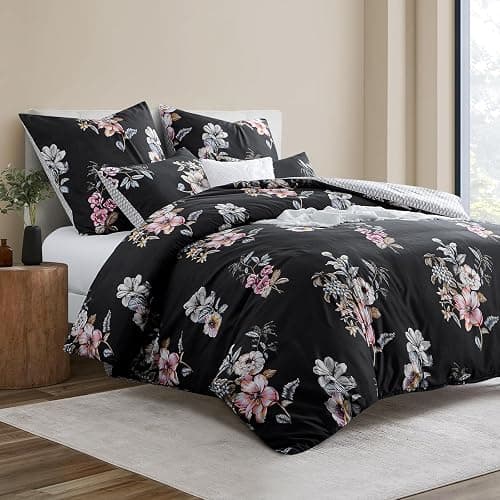RUIKASI Bettwäsche 200x200 3 teilig Schwarz - Bettbezug 200 x 200 Set mit Blumen Muster, Bettwäsche-Sets 200x200cm aus Mikrofaser mit Reißverschluss Weich und Bügelfrei thumbnail 2