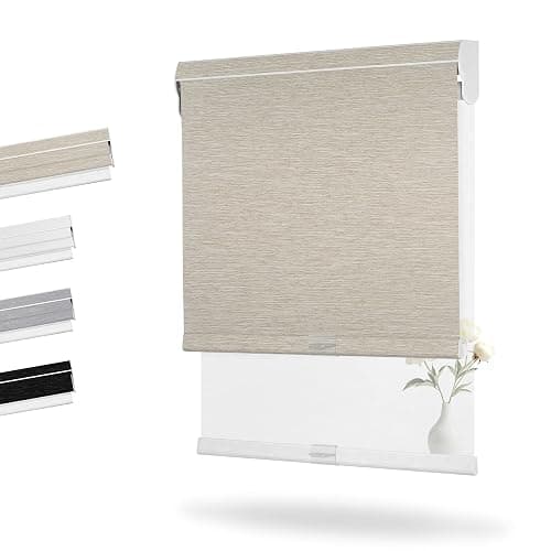 Boolegon Cordless Dual Roller Shades, Jacquard Beige & White, Custom Size | Double Window Shades, Blackout and Light Filtering Shades with Valance, Day and Night Roller Blinds for Home Office Door thumbnail 2