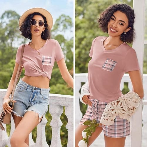 Ekouaer Womens Pajama Sets Short Sleeve Pajamas for Women Sets Soft Lounge Sets Casual V Neck Sleepwear PJS thumbnail 4