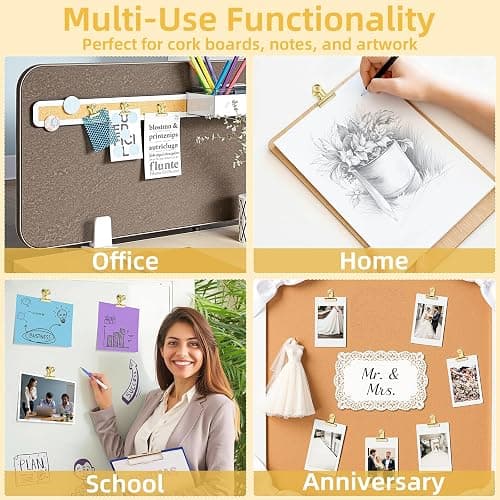 Golden Push Pins Clips (30 Pcs), Upgraded Thumb Tacks with Metal Clips for Cork Board, Bulletin Board Photos Notes Documents, No Hole Paper Clips Durable Office and School Supplies with Stronger Glue thumbnail 9
