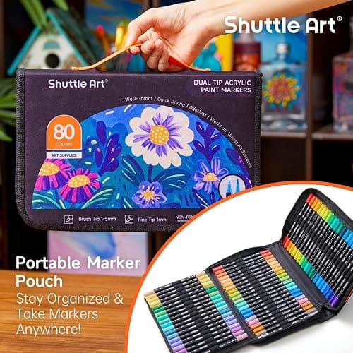 Shuttle Art 80 Colors Dual Tip Acrylic Paint Markers, Brush Tip and Fine Tip Acrylic Paint Pens for Rock Painting, Ceramic, Wood, Canvas, Plastic, Glass, Stone, Calligraphy, Card Making, DIY Crafts thumbnail 5