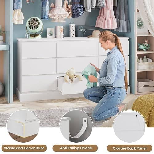 Hasuit Modern White Dresser for Bedroom with 9 Drawers, 61.4"Wide Dressers Chest of Drawer with Large Capacity Storage, Long Dresser TV Stand with Power Outlets, Sturdy Storage Cabinet for Living Room thumbnail 7