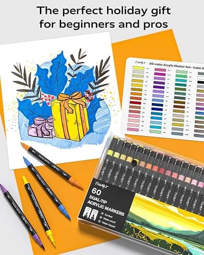 JusArt 60 Colors Dual Tip Acrylic Paint Pens Markers, Brush and Fine Tip, Premium Paint Pens for Wood, Canvas, Egg, Stone, Fabric, Rocks, Metal, Glass, Ceramic, DIY Crafts Making Art Supplies Gifts thumbnail 6