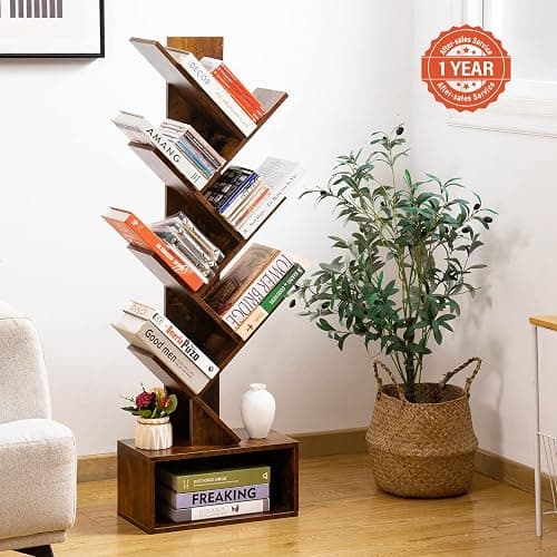 Yoobure Tree Bookshelf - 6 Shelf Retro Floor Standing Bookcase, Tall Wood Book Storage Rack for CDs/Movies/Books, Utility Book Organizer Shelves for Bedroom, Living Room, Home Office, Rustic Brown thumbnail 2