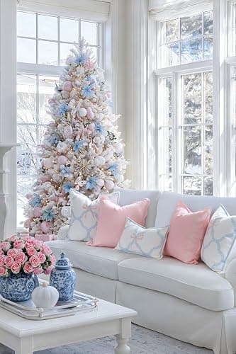 Hofdeco Premium Coastal Grandmillennial Patio Indoor Outdoor Throw Pillow Cover Only, 20"x20" Water Repellent for Backyard, Couch, Poolside, Baby Blue Pink Embroidered Ribbon Bow Tie on Leaves thumbnail 3