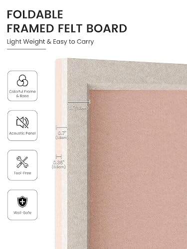 Fluxynara 23.6" x 17.1" Felt Frame Bulletin Board, Pink | Cork Board Alternative with 12 Removable Adhesive Tabs, Foldable Pin Board for Wall, Home, Office, Classroom & Dorm thumbnail 3