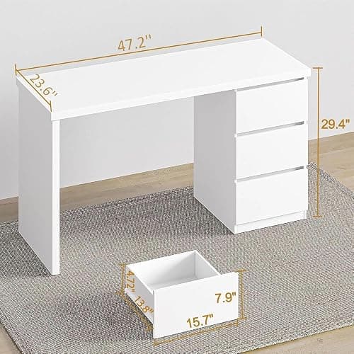 furtble White Desk with Drawers, 47'' W Home Office Desk Gaming Table, Modern Vanity Desk with Storage, Wood Computer Desk Writing Workstation for Bedroom, Living Room thumbnail 3