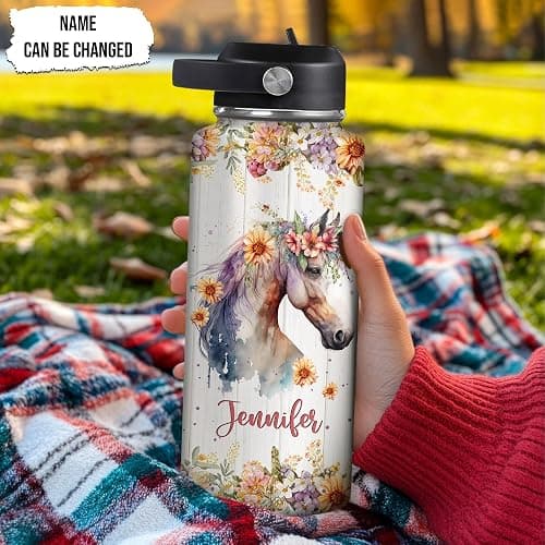 Hyturtle Personalized Horse Water Bottle - Custom Name Insulated Stainless Steel Bottle with Leak-Proof Lid 18oz 32oz - Animal Lover Gift for Women Girls Horse Lovers - Birthday & Christmas Gift thumbnail 2