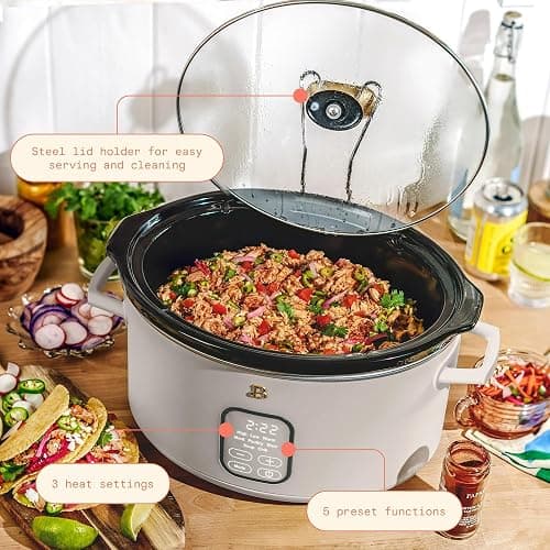 Beautiful 6 Qt Programmable Slow Cooker by Drew Barrymore - 5 Preset Cooking Functions, Digital Countdown Timer, Dishwasher-Safe Parts, and Cool-Touch Handles (Porcini Taupe) thumbnail 6