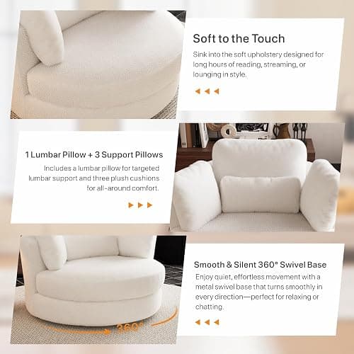 Aortzio 49.6''W Swivel Accent Barrel Chair, Oversized Teddy Fabric Upholstered Round Single Couch Sofa with 4 Pillows for Living Room, Apartment, Bedroom (Ivory). thumbnail 3