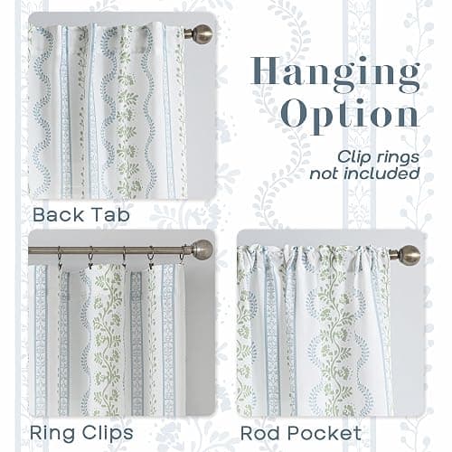 Light Blue Green Floral Vintage Curtains, Cute Whimsical Shabby Chic Curtain for Living Room Bedroom, Block Print Pattern Linen Sheer French Country Cottage Core Curtains thumbnail 5