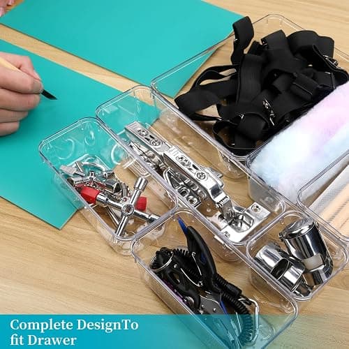 lovehai 7 Pcs Drawer Organiser Set, Makeup Organiser Tray for Drawers, Clear Cosmetics Container Tray for Office, Bedroom, Kitchen, Jewelries and Gadgets thumbnail 2