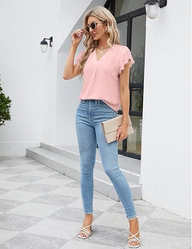 Blooming Jelly Womens Dressy Casual Shirts Short Sleeve V Neck Work Blouse Business Casual Summer Tops 2025 thumbnail 5