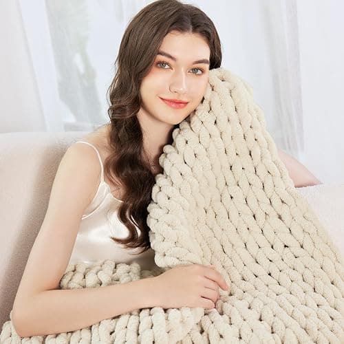 Chunky Knit Blanket Throw for Couch, 51"x63" Chunky Yarn Knitted Blankets | 100% Hand Knit Thick Chenille, Soft Breathable for Bed, Sofa, Home Decor, Cozy Gifts for Women Friends, Ivory thumbnail 4